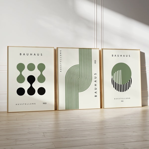 Green Bauhaus Exhibition Poster Set Of 3, Mid Century Modern Poster, Gallery Wall Art, Bauhaus Print Set, Geometric Art, Instant Download