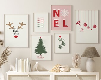 May include: A set of six Christmas-themed prints featuring a reindeer, a Christmas tree, a snowflake, and the words "Oh deer", "Merry Merry Merry", "Noel", "Ho Ho Ho", and "Merry Christmas".