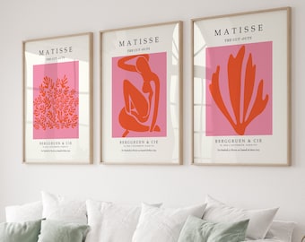 Pink Orange Matisse Wall Art, Matisse Prints Set of 3, Preppy Room Wall Decor, Abstract Flower Poster, Neon Colors, Trendy Art, Digital