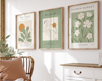 Matisse Abstract Modern Wall Art Prints, Green Picasso Art Print, Matisse Flower Market Set, Exhibition Poster, Danish Pastel Decor Set of 3