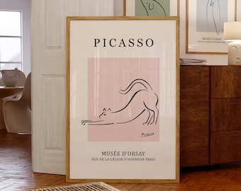 Picasso Cat Wall Decor, Line Drawing Art Prints, Pablo Picasso Exhibition Poster, Cat Lovers Gift, Minimalist Wall Art, Pink Printable