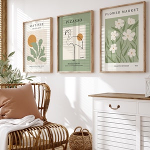 Matisse Abstrakte Moderne Wand Kunst Drucke, Grün Picasso Kunstdruck, Matisse Blumenmarkt Set, Ausstellungsplakat, Dänisches Pastell Dekor 3er Set