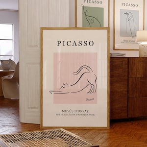 Picasso Katze Wanddekor, Linie Zeichnung Kunstdrucke, Pablo Picasso Ausstellung Poster, Katzenliebhaber Geschenk, Minimalistische Wandkunst, Rosa Printable