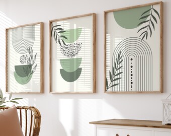 Sage Green Boho Wall Art Decor Set of 3 Prints, Mid Century Modern Wall Art Set, Boho Rainbow Printable Wall Art, Minimalist Digital Prints