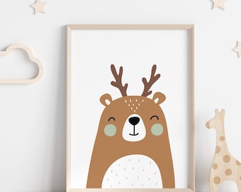Cute Deer Wall Print, Baby Deer Nursery Art, Cute Animal Prints, Woodland Animal Nursery, Nursery Wall Decor, Kids Room Wall Pictures