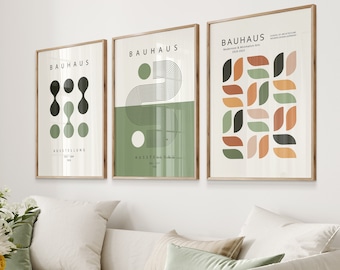 Bauhaus Green Wall Art Prints, Abstract Geometric Shapes Art, Bauhaus Exhibition Poster Set of 3, Modern Art Gallery Set, Instant Download