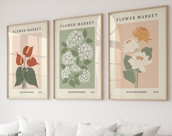 Flower Gallery Wall Art 3er Set Prints, Blumenmarkt Poster, Botanische Wandkunst, trendige Wandkunst, Blumenposter, Ausstellungsposter