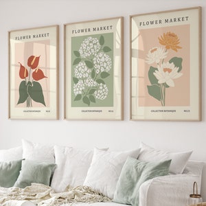 Juego de 3 impresiones de arte mural de galería de flores, póster de mercado de flores, impresiones de arte mural botánico, arte mural de moda, pósteres de flores, póster de exposición