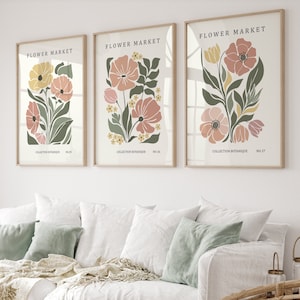 Flower Market Neutral Prints, Botanical Flower Wall Art Decor, Abstract Floral Art Set of 3, Matisse Poster, Home Decor Wall Art, Digital