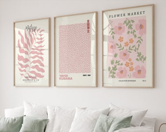 Modern Gallery Wall Art Prints, Pink Matisse Art Prints, Yayoi Kusama Poster, Mid Century Modern Art, Flower Market, Danish Pastel Set of 3