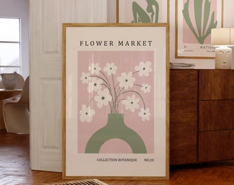 Pink Flower Pots Prints, Daisy Wall Art, Flower Market Poster, Botanical Art Prints, Flower Vase, Danish Pastel Wall Art, Instant Download