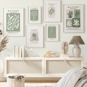 Matisse Gallery Wall Art, Matisse Prints Set of 6, Abstract Boho Wall Decor, Sage Green Flower Posters, Aesthetic Living Room Decor