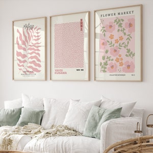 Impresiones de arte de pared de galería moderna, impresiones de arte Matisse rosa, póster de Yayoi Kusama, arte moderno de mediados de siglo, mercado de flores, juego de 3 pasteles daneses