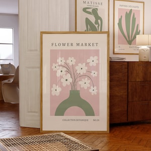 Impresiones de macetas de flores rosas, arte de pared de margaritas, cartel del mercado de flores, impresiones de arte botánico, florero, arte de pared pastel danés, descarga instantánea