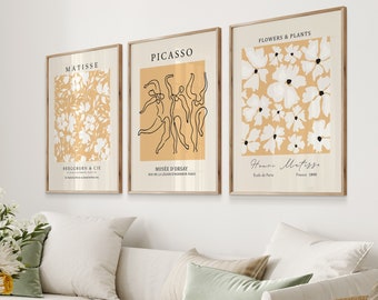 Set da parete Yellow Gallery, stampe d'arte neutre, fiori di Matisse stampabili, poster di Picasso, stampa digitale floreale, set di decorazioni d'arte estetica di 3