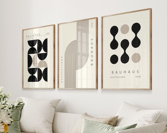 Bauhaus Exhibition Poster Set Of 3, Mid Century Modern Poster Set, Bauhaus Black Print Set, Bauhaus Gallery Wall Art, Geometric, Digital