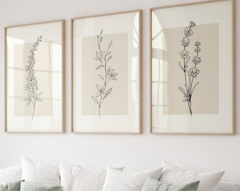 Flower Posters Gallery Wall Art Set of 3 Print, Minimalist Flower Line Drawing Art, Flower Market Poster, Minimalist Floral Prints, Digital