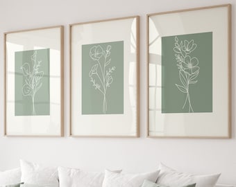 Stampe d'arte da parete linea di fiori minimalisti, stampe floreali minimaliste, set di 3 stampe da parete della galleria, arte da parete botanica, disegno di linee di fiori