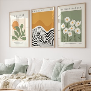 Stampe da parete verdi di Matisse, stampa del mercato dei fiori di Matisse, poster da parete Bauhaus, set di 3 stampe da parete per gallerie, pastello danese, verde salvia
