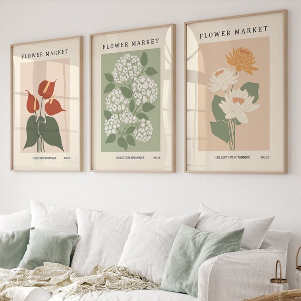 Blumengalerie-Wandkunst-Set mit 3 Drucken, Blumenmarkt-Poster, botanische Wandkunstdrucke, trendige Wandkunst, Blumenposter, Ausstellungsposter