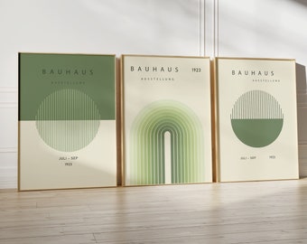 Green Bauhaus Exhibition Poster, Geometric Wall Art Set of 3, Mid Century Modern Poster, Bauhaus Print Set, Boho Rainbow, Instant Download