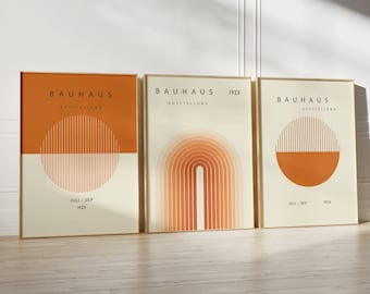 Orangefarbenes Bauhaus-Ausstellungsposter, geometrisches Wandkunst-Set von 3, Mid-Century Modern Poster, Bauhaus-Druck-Set, Boho-Regenbogen, sofortiger Download