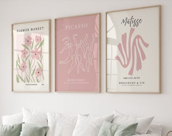 Danish Pastel Decor Set Of 3 Prints, Henri Matisse Print, Flower Market Poster, Picasso Poster, Pink Wall Art, Exhibition Poster, Digital