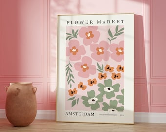 Flower Market Wall Art Prints, Flower Market Poster, Floral Pink Wall Art, Botanical Wall Art Prints, Flower Illustration, Amsterdam Print
