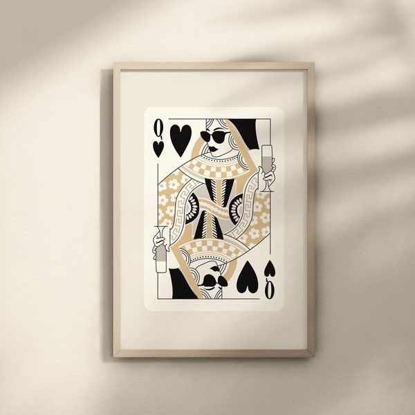 Black Playing Cards Poster Funky Wall Art, Cool Art Posters, Kitchen Aesthetic Decor, Queen of Hearts Playing Cards Print, Poker Card Print