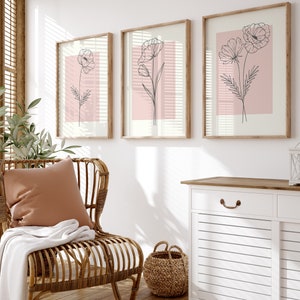 Impressões de parede de flores rosa, arte de desenho de linha minimalista, decoração de parede rosa, impressões de arte botânica, pôster de mercado de flores, conjunto de 3 pastéis dinamarqueses