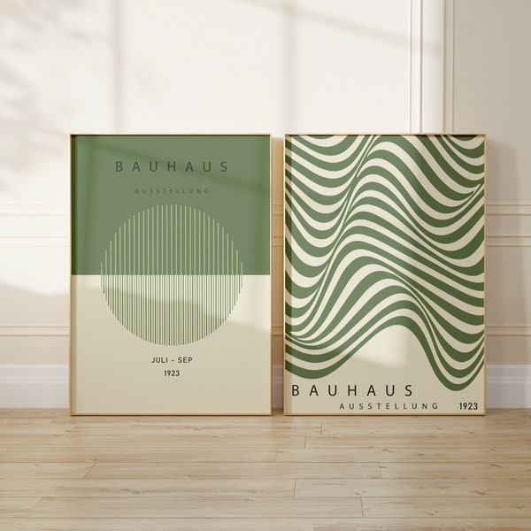 Sage Green Bauhaus Ausstellungsposter Galerie Wandkunst, 2er-Set, Mid Century Modern Poster, Bauhaus Print Set, Instant Download, trendige Kunst