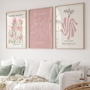 Décoration pastel danoise, lot de 3 impressions, impression Henri Matisse, affiche du marché aux fleurs, affiche Picasso, oeuvre d'art mural rose, affiche de l'exposition, numérique