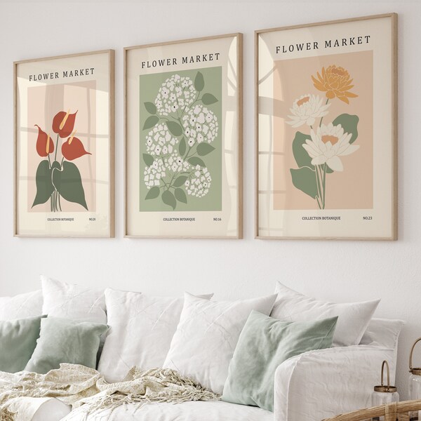 Flower Gallery Wall Art Set of 3 Prints, Flower Market Poster, Botanical Wall Art Prints, Trendy Wall Art, Flower Posters, Exhibition Poster