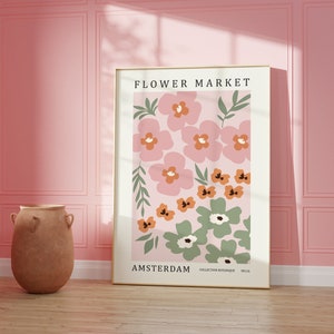 Blumenmarkt-Wandkunstdrucke, Blumenmarktplakat, florale rosa Wandkunst, botanische Wandkunstdrucke, Blumenillustration, Amsterdam-Druck