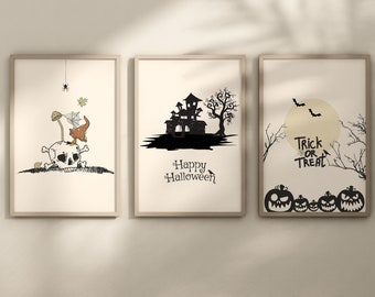 May include: Three black and white Halloween themed illustrations in frames. The first illustration shows a skull with a spider web and a spider. The second illustration shows a haunted house with a tree and the text "Happy Halloween". The third illustration shows a moon with bats and the text "Trick or Treat" with pumpkins below.