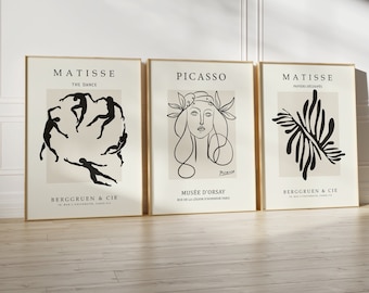 Henri Matisse Wall Art Prints, Picasso Minimalist Wall Art Prints, Black Modern Gallery Wall Set of 3, Exhibition Poster, Instant Download