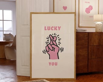 Speelkaart afdrukken, Lucky You Poster, Funky Home Decor, Retro Set van 3 kunst aan de muur, roze speelkaarten, pokerkaart, Ace Card, Instant Download