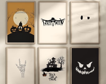 May include: Six framed Halloween-themed prints with black and white illustrations. The prints feature a scarecrow, a mummy, a skeleton hand, a haunted house, a pumpkin, and a scary face.