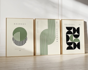 Green Bauhaus Wall Art Exhibition Poster Set Of 3 Prints, Mid Century Modern Poster, Gallery Wall Set, Abstract Geometric Art, Digital Print