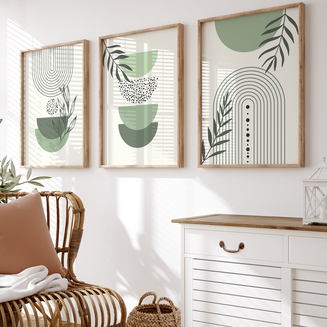 Sage Green Boho Wall Art Decor Set of 3 Prints, Mid Century Modern Wall ...