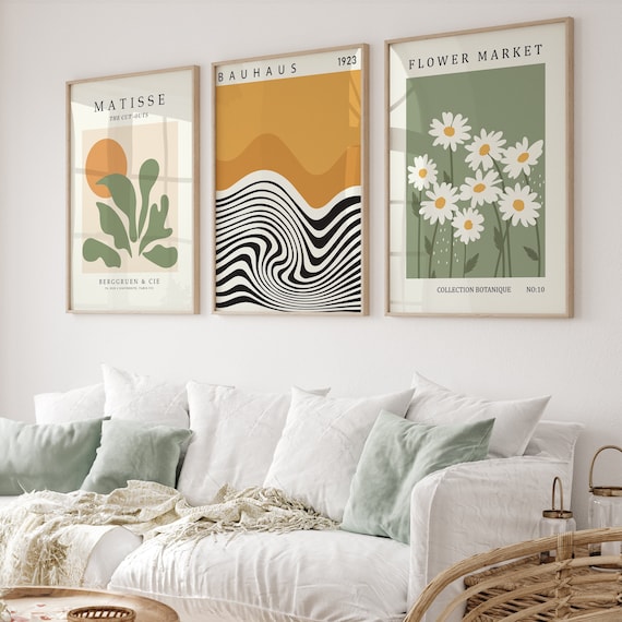 Matisse Green Wall Art Prints, Matisse Flower Market Print, Bauhaus Wall Art Poster, Gallery Wall Bundle, Danish Pastel, Sage Green Set of 3