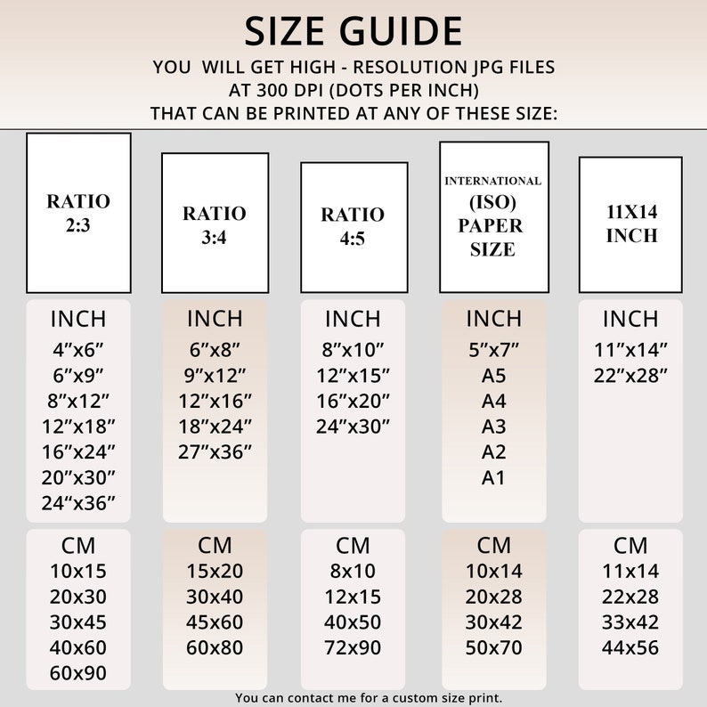 May include: Size guide for high-resolution JPG files at 300 DPI.  The guide shows different aspect ratios, inch measurements, and corresponding centimeter measurements for each size.  The guide also includes international paper sizes in inches and centimeters.