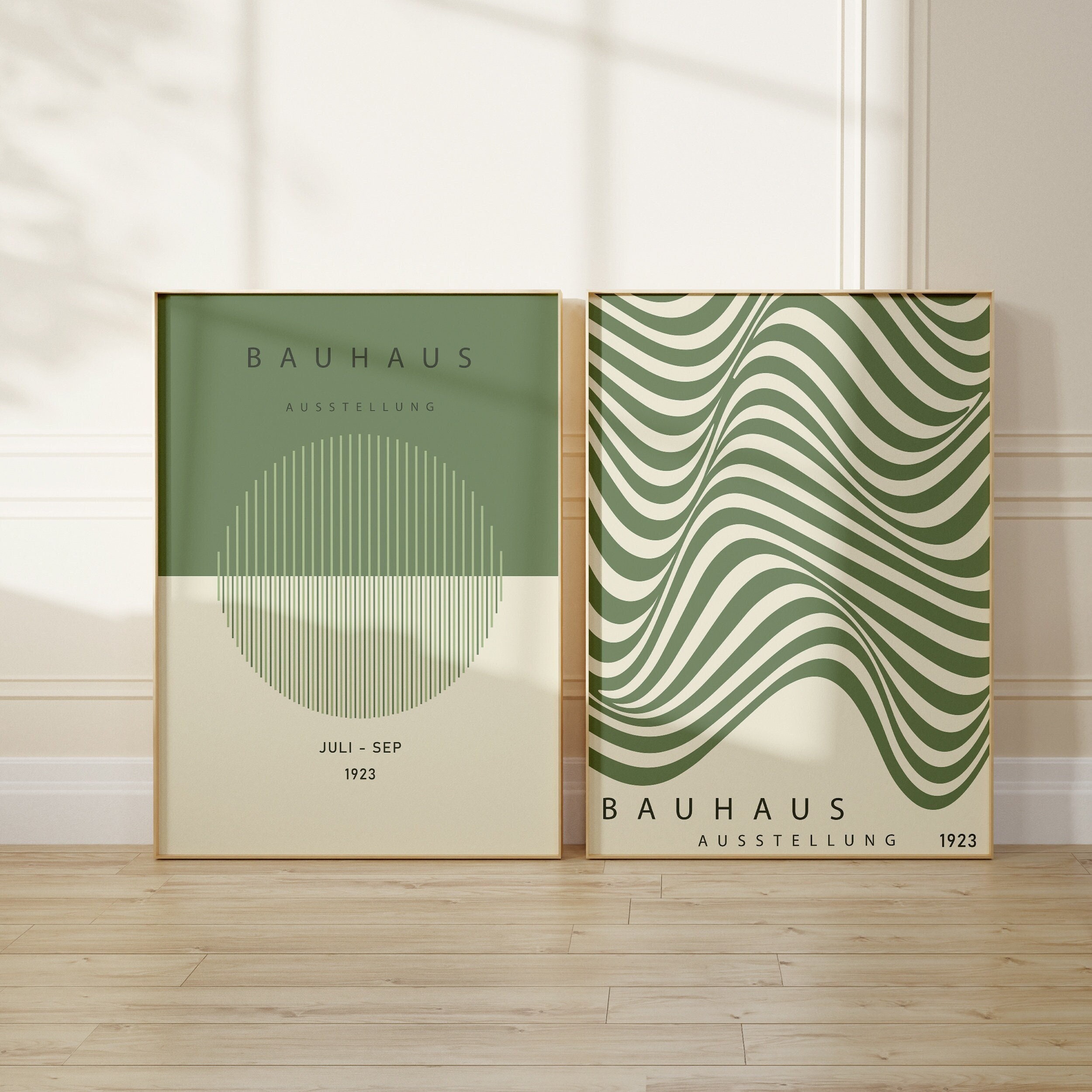 Sage Green Bauhaus Exhibition Poster Gallery Wall Art Set of 2, Mid Century Modern Poster, Bauhaus Print Set, Instant Download, Trendy Art