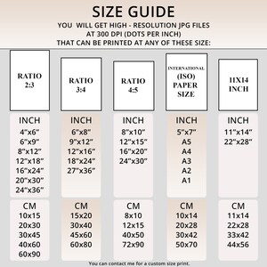 May include: Size guide for high-resolution JPG files at 300 DPI.  The guide shows different aspect ratios, inch measurements, and corresponding centimeter measurements for each size.  The guide also includes international paper sizes in inches and centimeters.