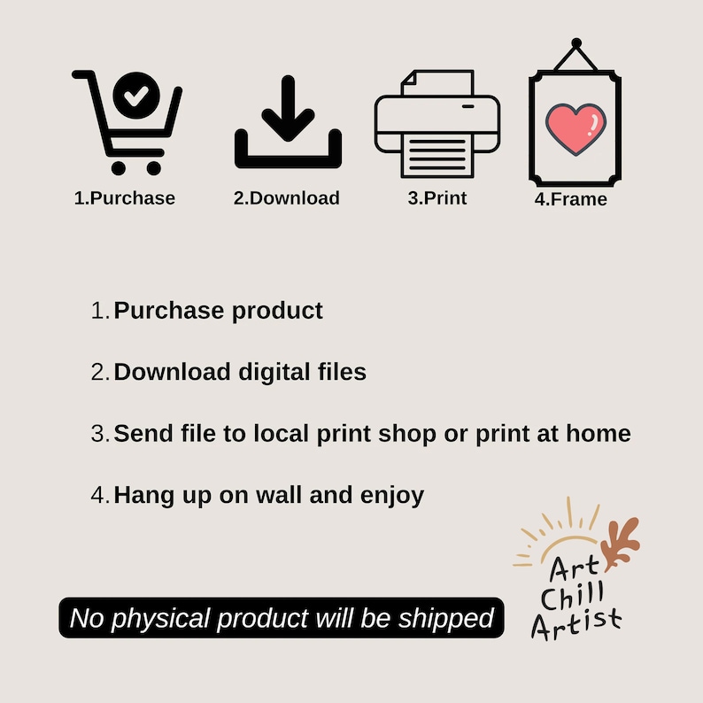 May include: A digital download illustration of a heart in a frame. The image shows the steps to purchase, download, print, and frame the digital art. The text reads: "No physical product will be shipped."
