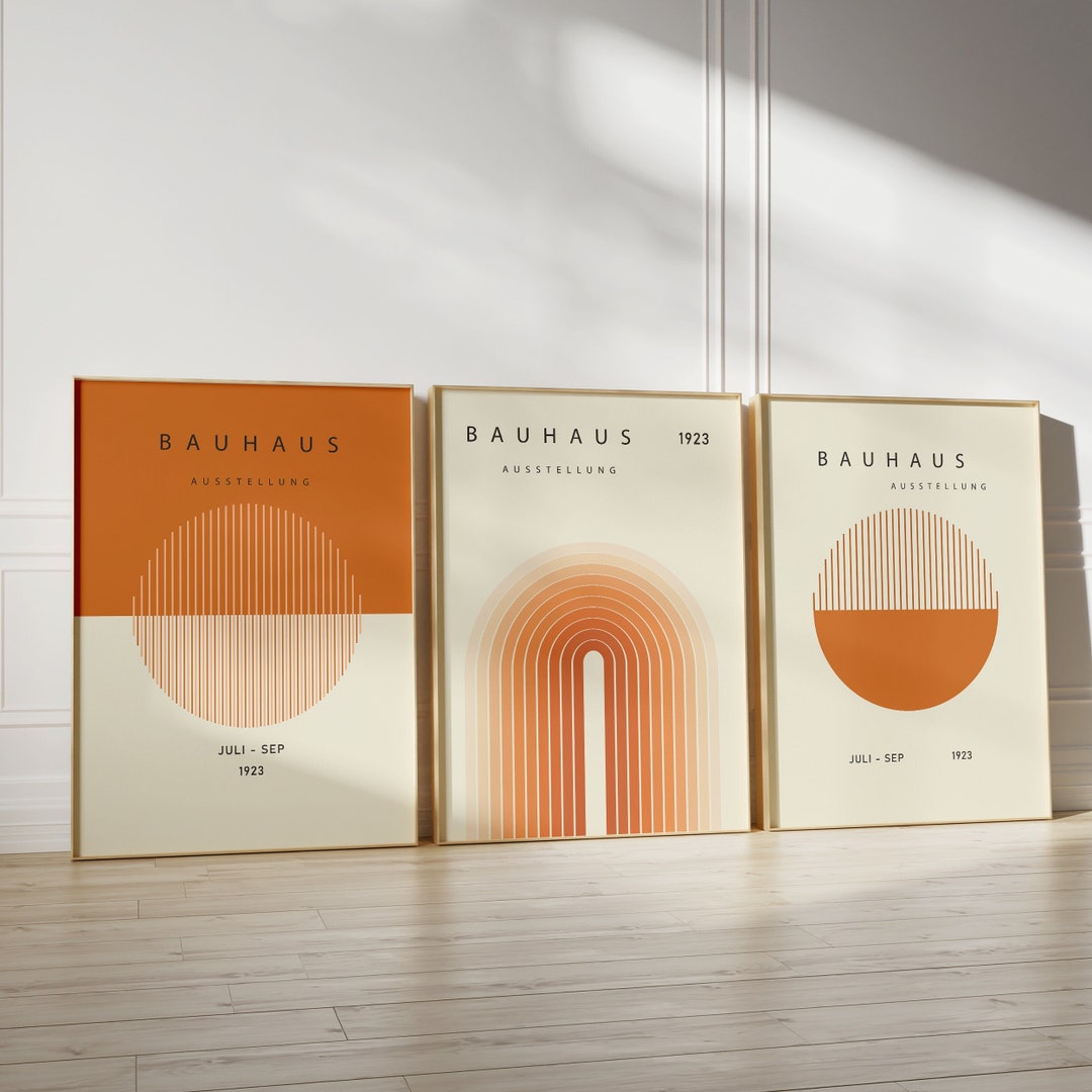 Orange Bauhaus Exhibition Poster Geometric Wall Art Set of 3, Mid ...