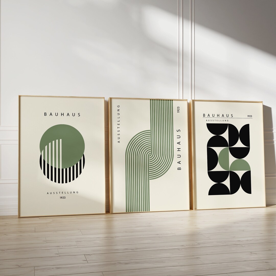 Green Bauhaus Wall Art Exhibition Poster Set of 3 Prints, Mid Century ...