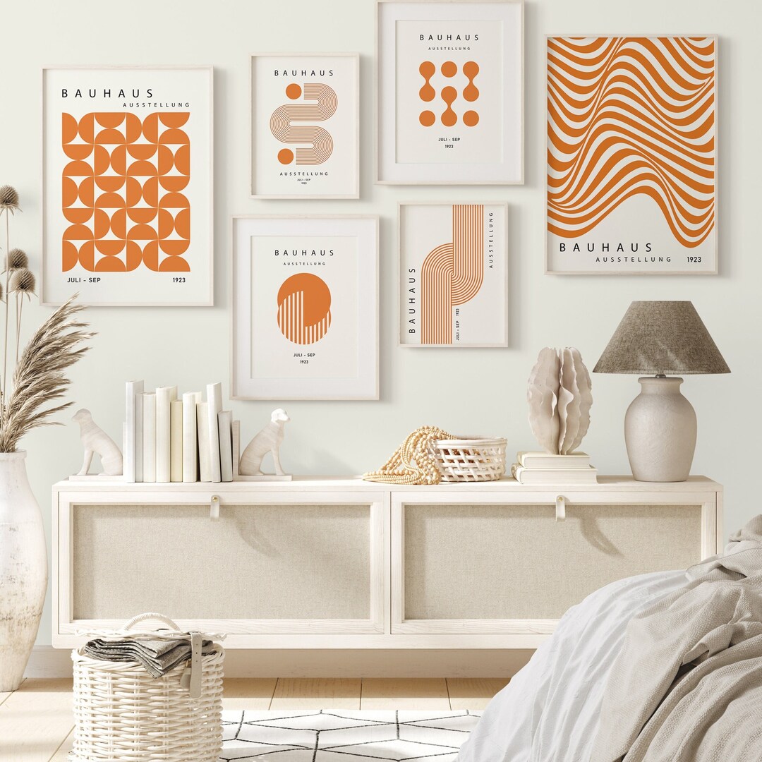 Orange Bauhaus Prints Set, Geometric Wall Art Decor, Abstract Geometric ...