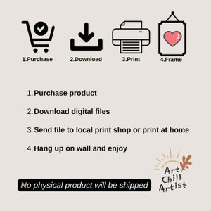 May include: A digital download illustration of a heart in a frame. The image shows the steps to purchase, download, print, and frame the digital art. The text reads: "No physical product will be shipped."
