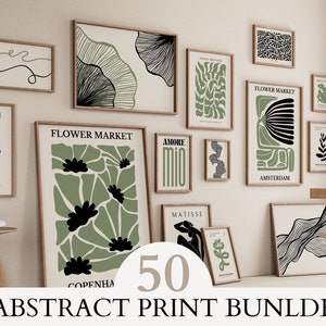Mais de 50 galerias abstratas de parede, conjunto moderno de impressão digital com 50 peças botânicas para impressão eclética, boho, suspensão de parede
